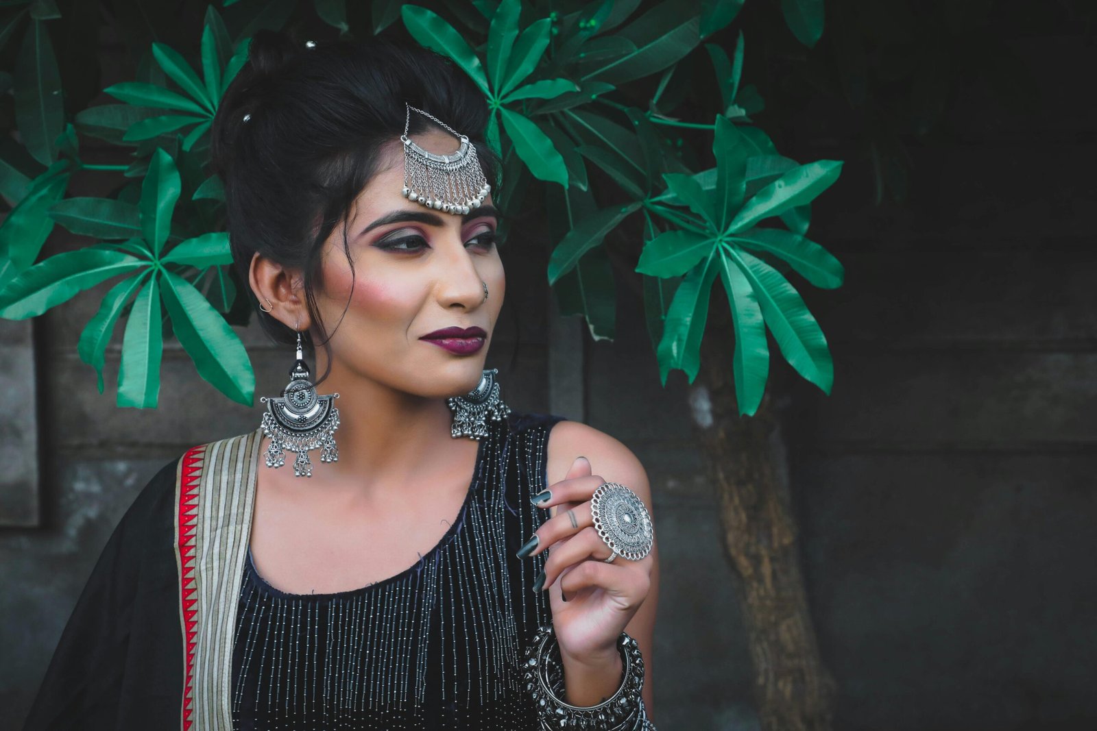 Portrait of an elegant Indian woman wearing traditional silver jewelry and attire outdoors.